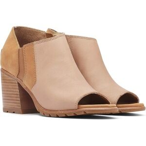Sorel Nadia Peep Toe Booties Tan Beige Leather Suede Block Heel Size 7.5
